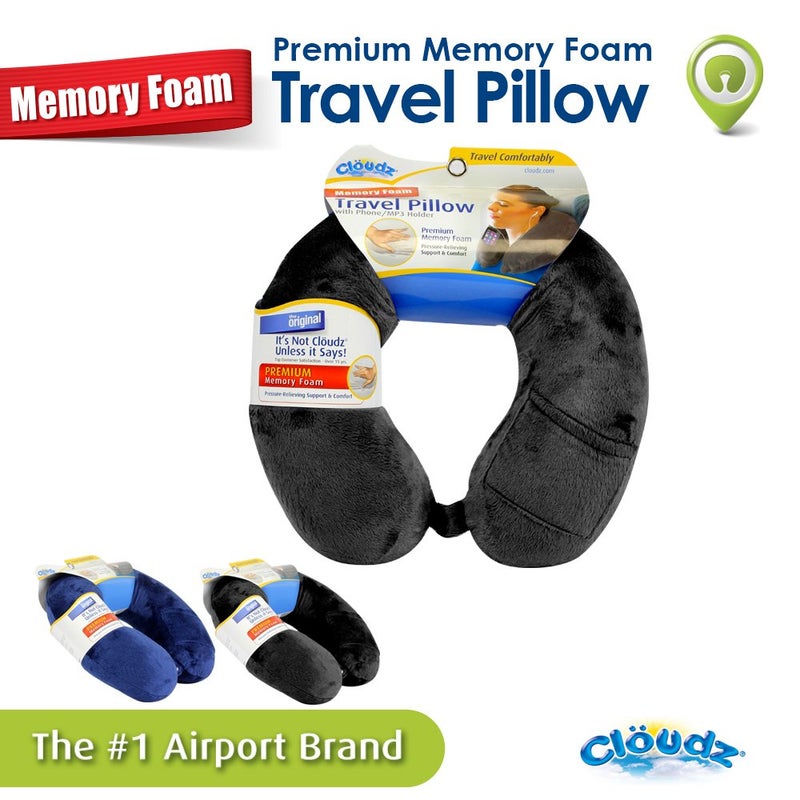 Cloudz Memory Foam Travel Neck Pillow with Snap & Pocket - Black - Image 3